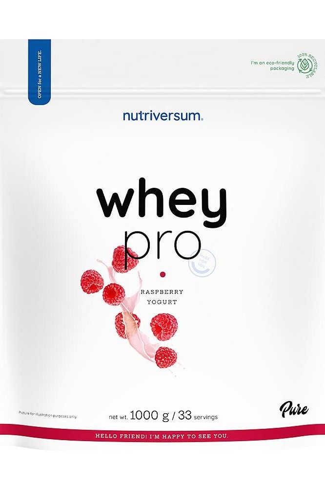 Nutriversum Whey PRO PURE Raspberry Yogurt protein powder packaging, 1000g size, featuring raspberry design.