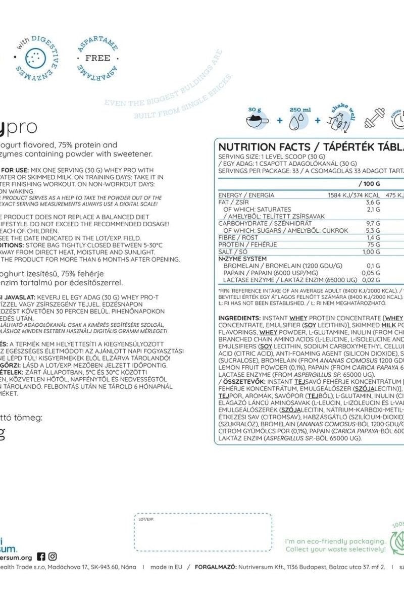 Nutriversum Whey PRO PURE nutrition facts label with protein content and ingredient details.