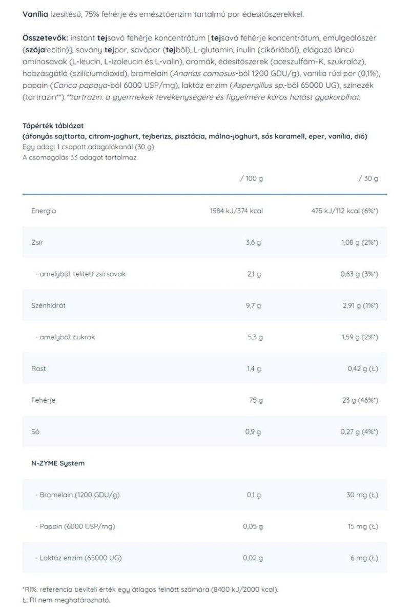 Nutrition facts and ingredients for Nutriversum Whey PRO PURE Vanilla flavor, with protein and enzyme information.