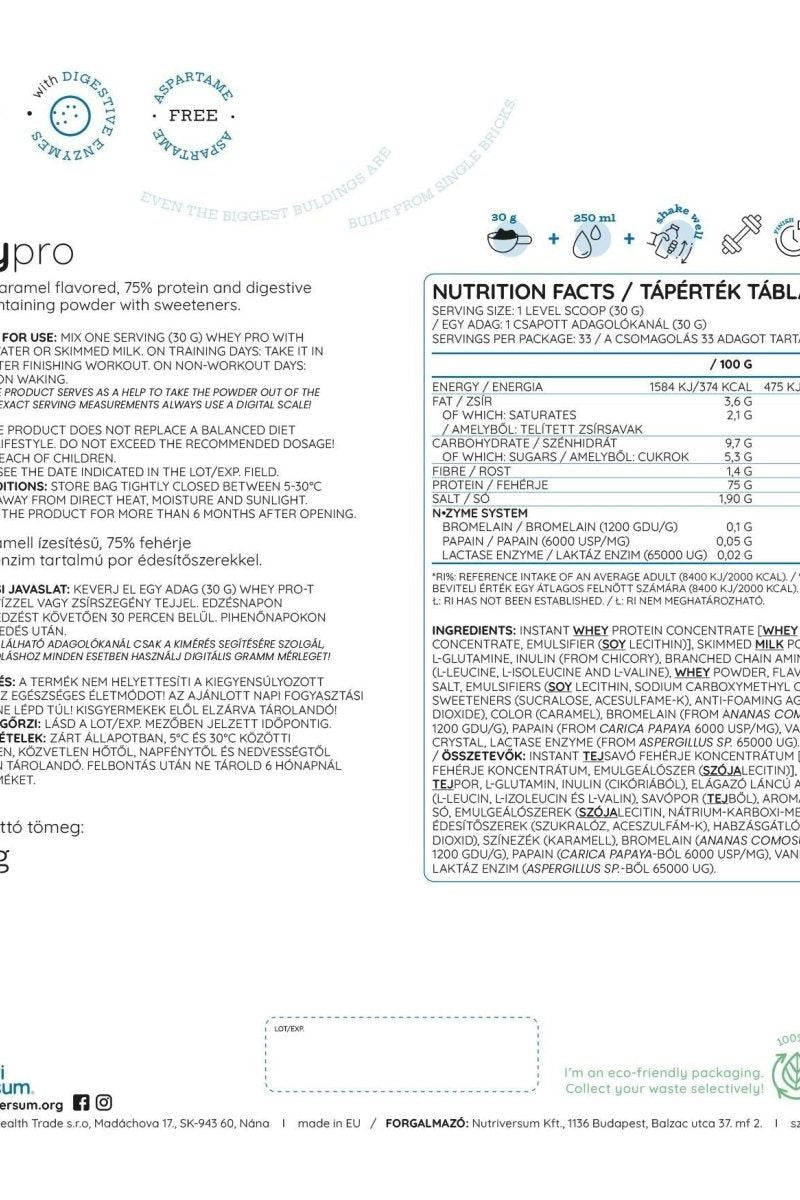 Nutriversum Whey PRO PURE nutritional facts label with protein, amino acids, and digestive enzymes information.