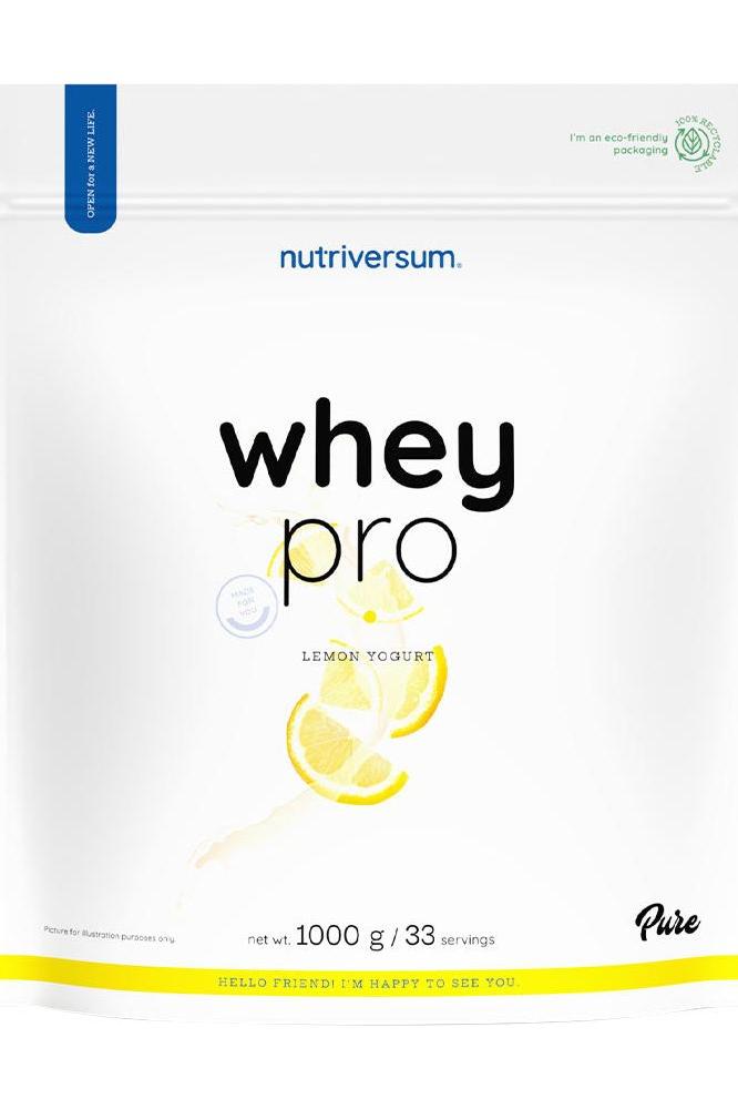 Nutriversum Whey PRO PURE protein powder package, lemon yogurt flavor, 1000g, offers 23g protein per serving.