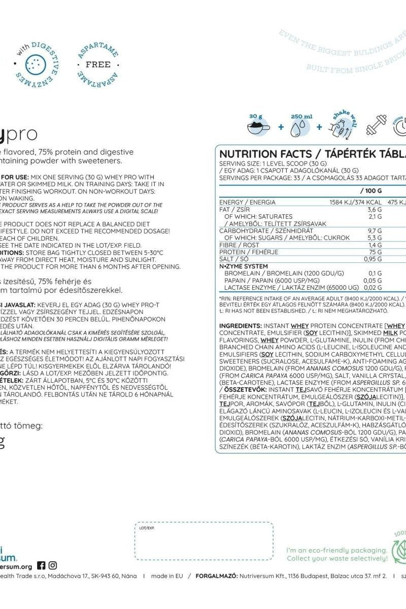 Nutriversum Whey PRO PURE nutrition facts label with protein content and ingredients list.