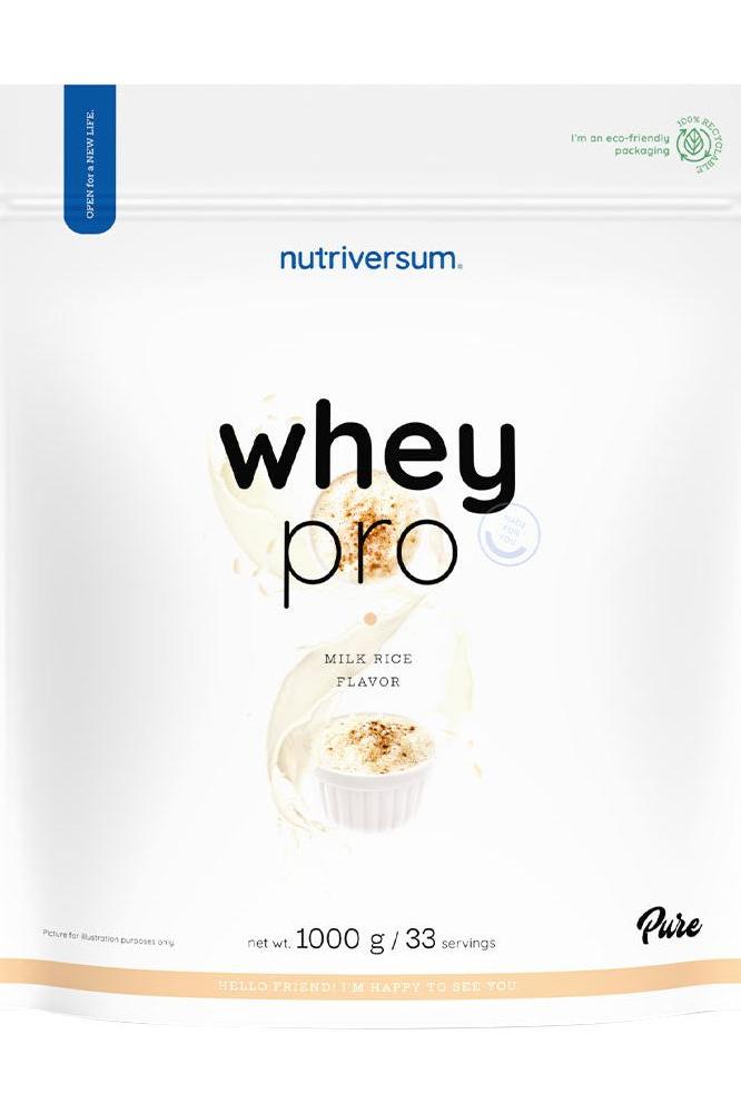 Nutriversum Whey PRO PURE protein powder packaging with milk rice flavor, 1000g, 23g protein per serving.