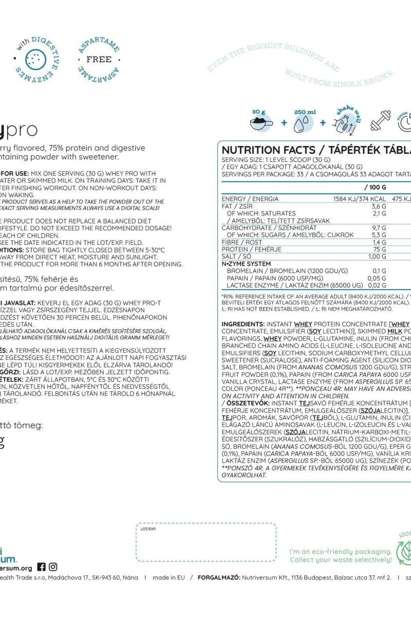 Nutriversum Whey PRO PURE nutrition facts and ingredient information, highlighting protein and digestive enzyme content.