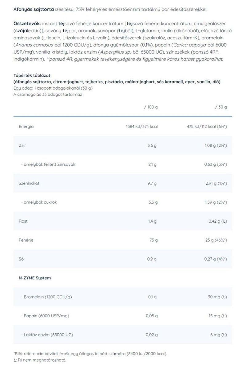 Nutritional information for dietary supplement with protein content and ingredient list in Hungarian language.