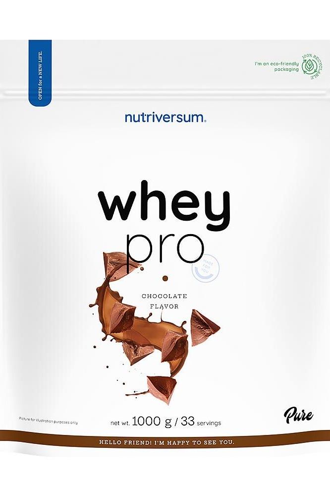 Nutriversum Whey PRO PURE chocolate flavor protein powder package, 1000g, with 33 servings.