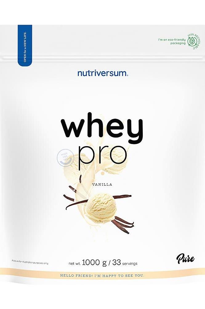 Nutriversum Whey PRO PURE vanilla protein powder packaging with eco-friendly design.