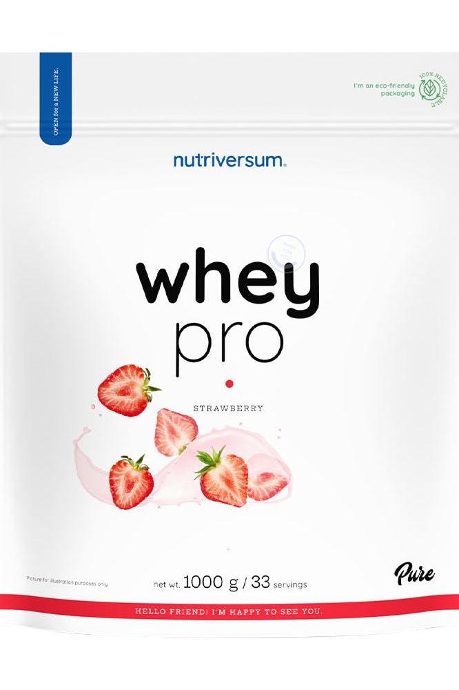 Nutriversum Whey PRO PURE Strawberry protein powder package with strawberries on the front, 1000g, 33 servings.