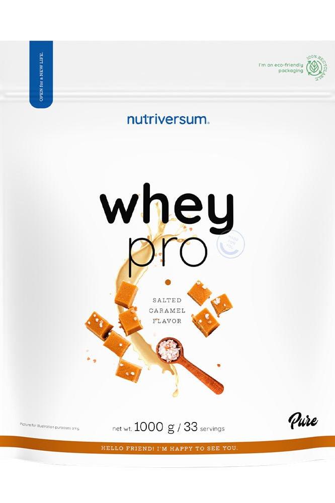 Nutriversum Whey PRO PURE Salted Caramel flavor protein powder packaging, 1000g for 33 servings.