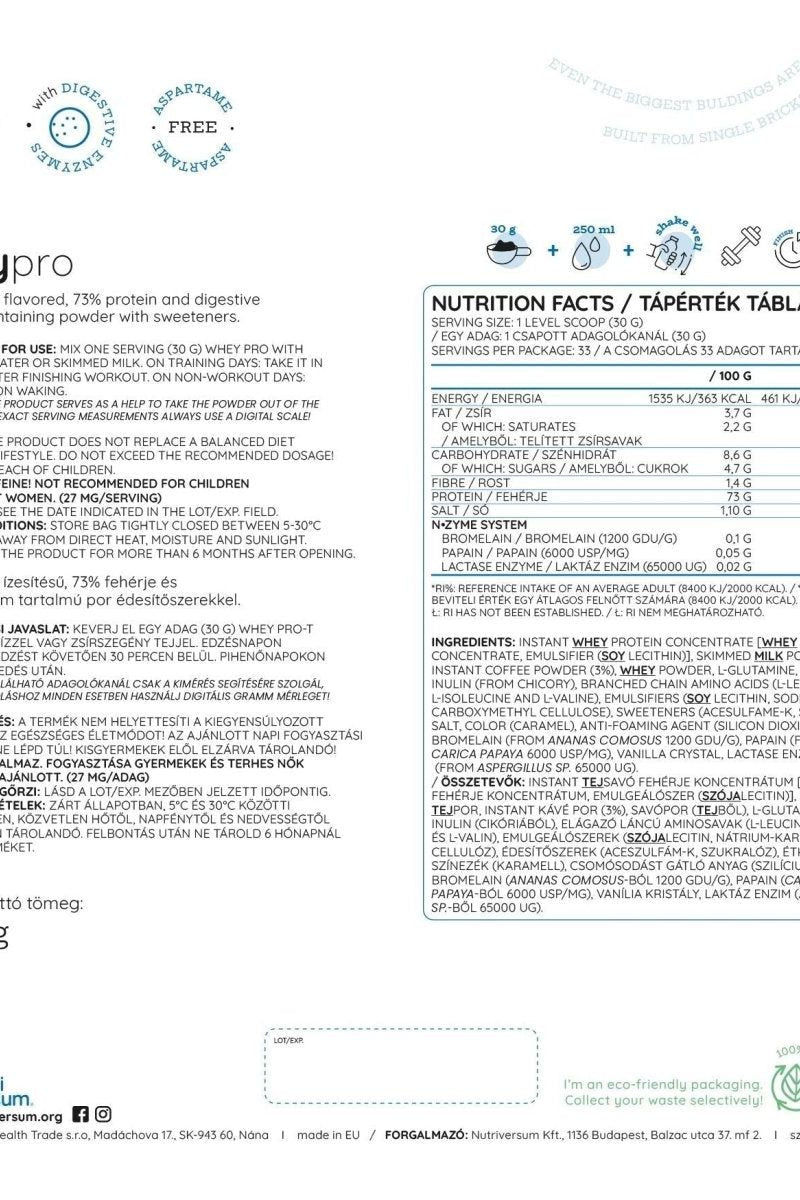 Nutriversum Whey PRO PURE nutrition facts panel with protein, L-Glutamin, and BCAA details.