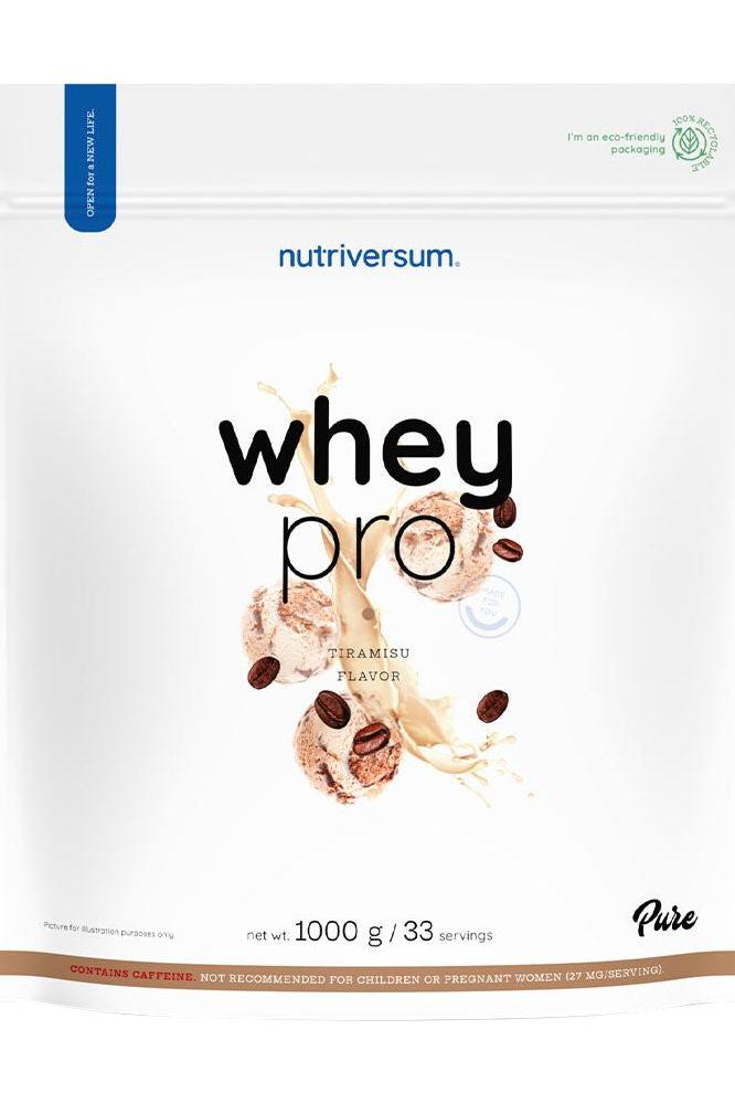 Nutriversum Whey PRO PURE protein powder packaging with tiramisu flavor, 1000g, featuring premium protein source.