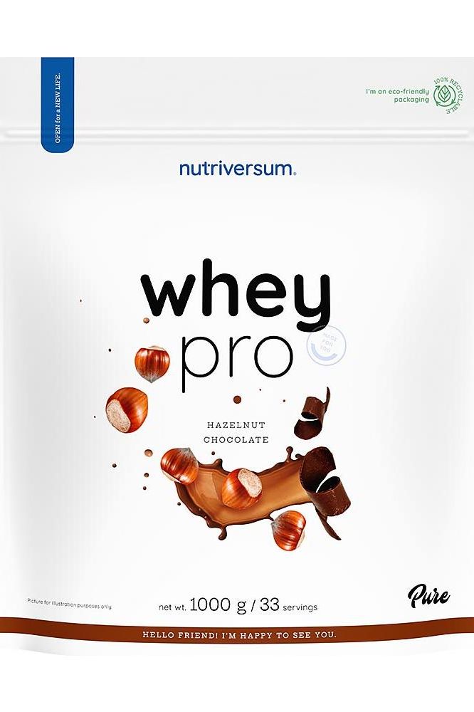 Nutriversum Whey PRO PURE protein powder in Hazelnut Chocolate flavor, 1000g packaging with eco-friendly design.