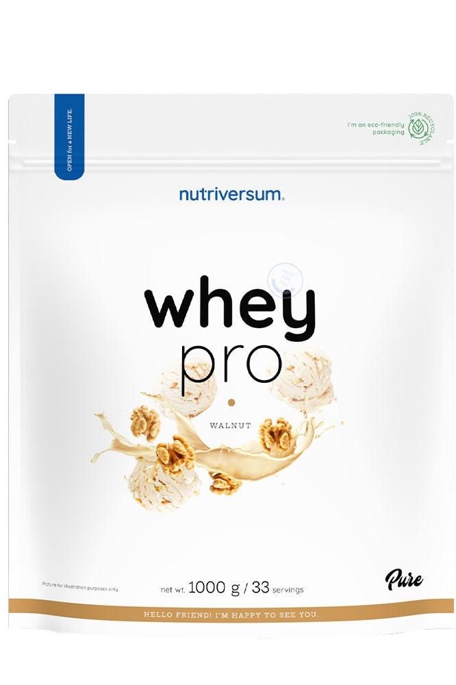 Nutriversum Whey PRO - PURE in walnut flavor, 1000g pack, featuring premium protein source and convenient resealable design.