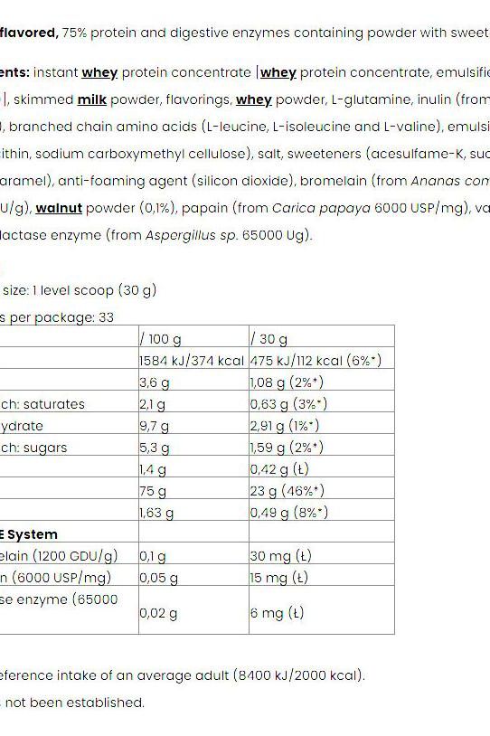 Nutriversum Whey PRO PURE nutrition facts label detailing protein, enzymes, and ingredients for athletic performance.