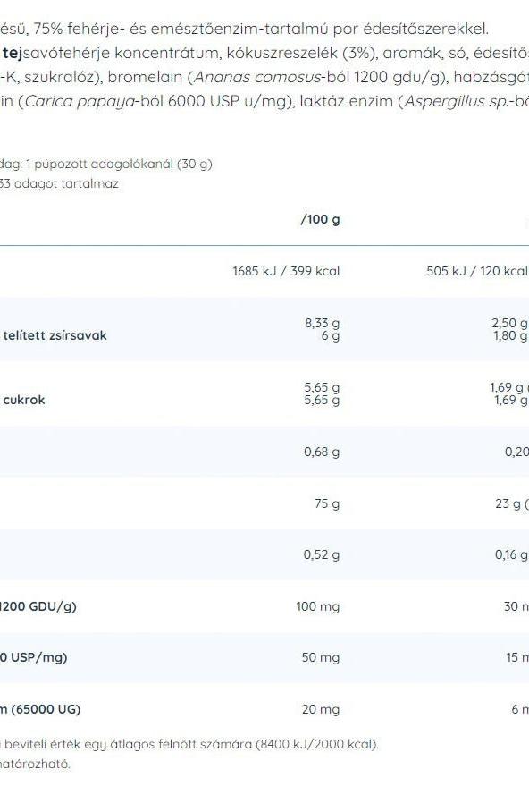 Nutriversum Whey PRO PURE nutrition label, including protein, carbohydrates, and enzyme content per 100g.