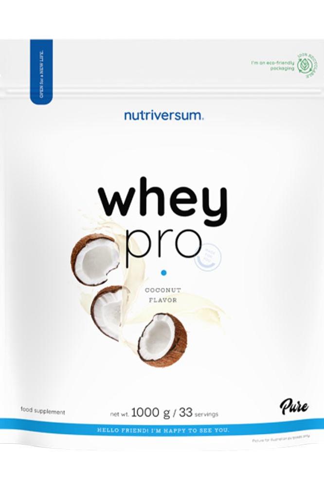 Nutriversum Whey PRO Pure coconut flavor protein supplement packaging 1000g with 23g protein per serving.