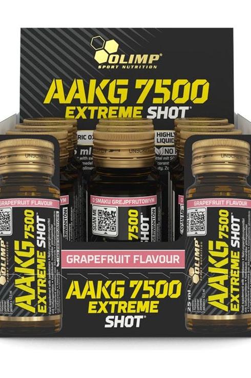 Olimp AAKG 7500 Extreme Shot display with grapefruit flavor, showcasing 9 x 25 ml bottles for high-powered L-arginine.