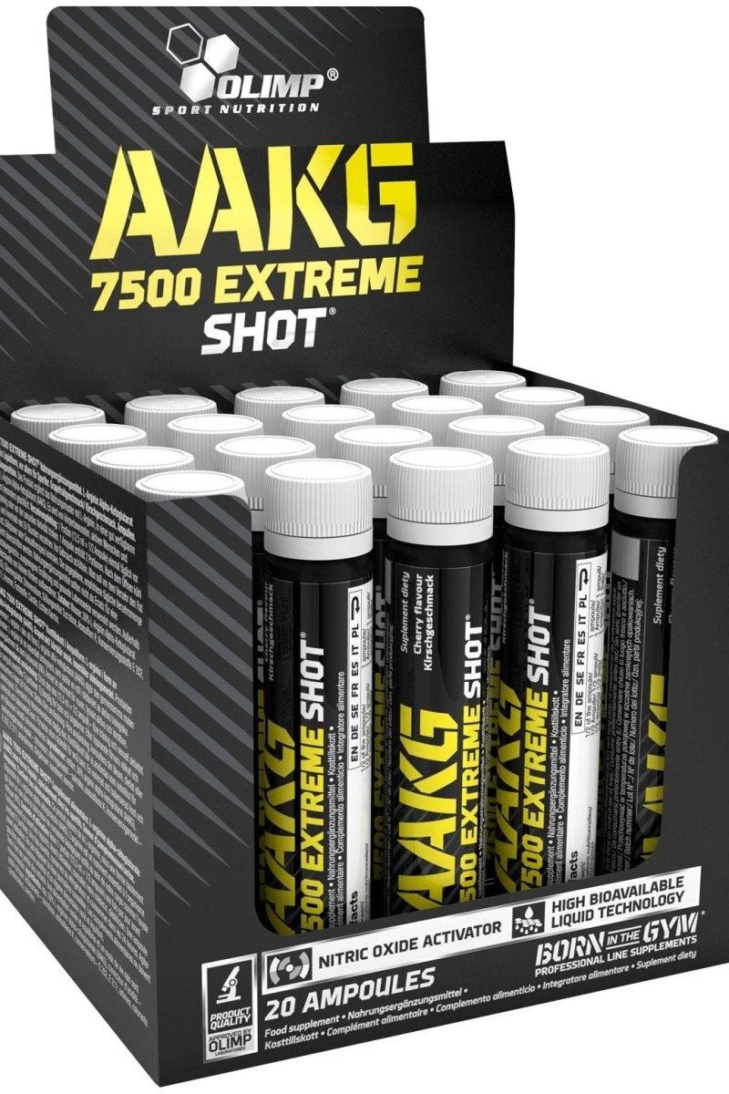 Olimp AAKG 7500 Extreme Shot product display with 20 ampoules for enhanced muscle performance