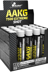Olimp AAKG 7500 Extreme Shot product display with 20 ampoules for enhanced muscle performance