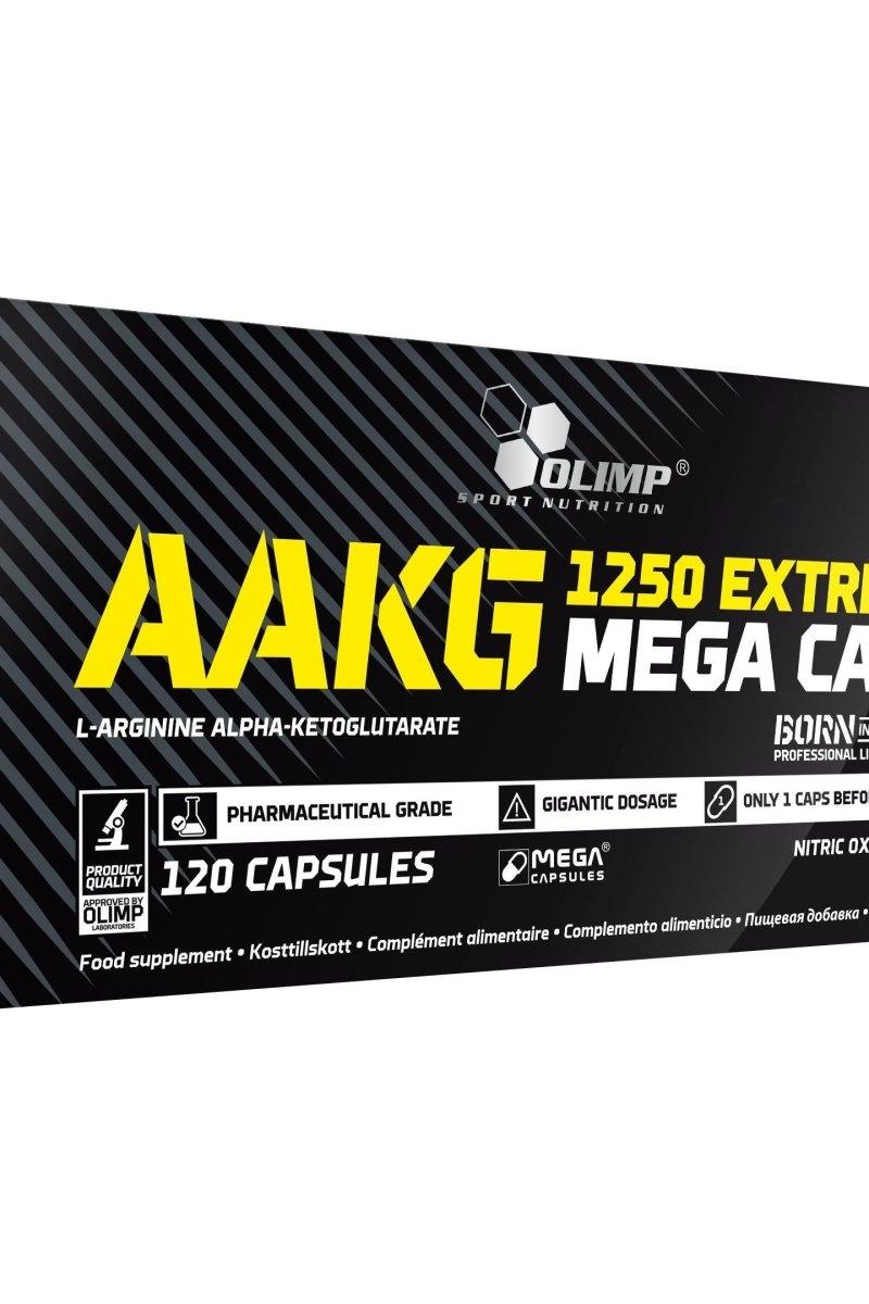 Olimp AAKG Extreme Mega Caps packaging with 120 capsules, featuring L-Arginine Alpha-Ketoglutarate for enhanced performance.