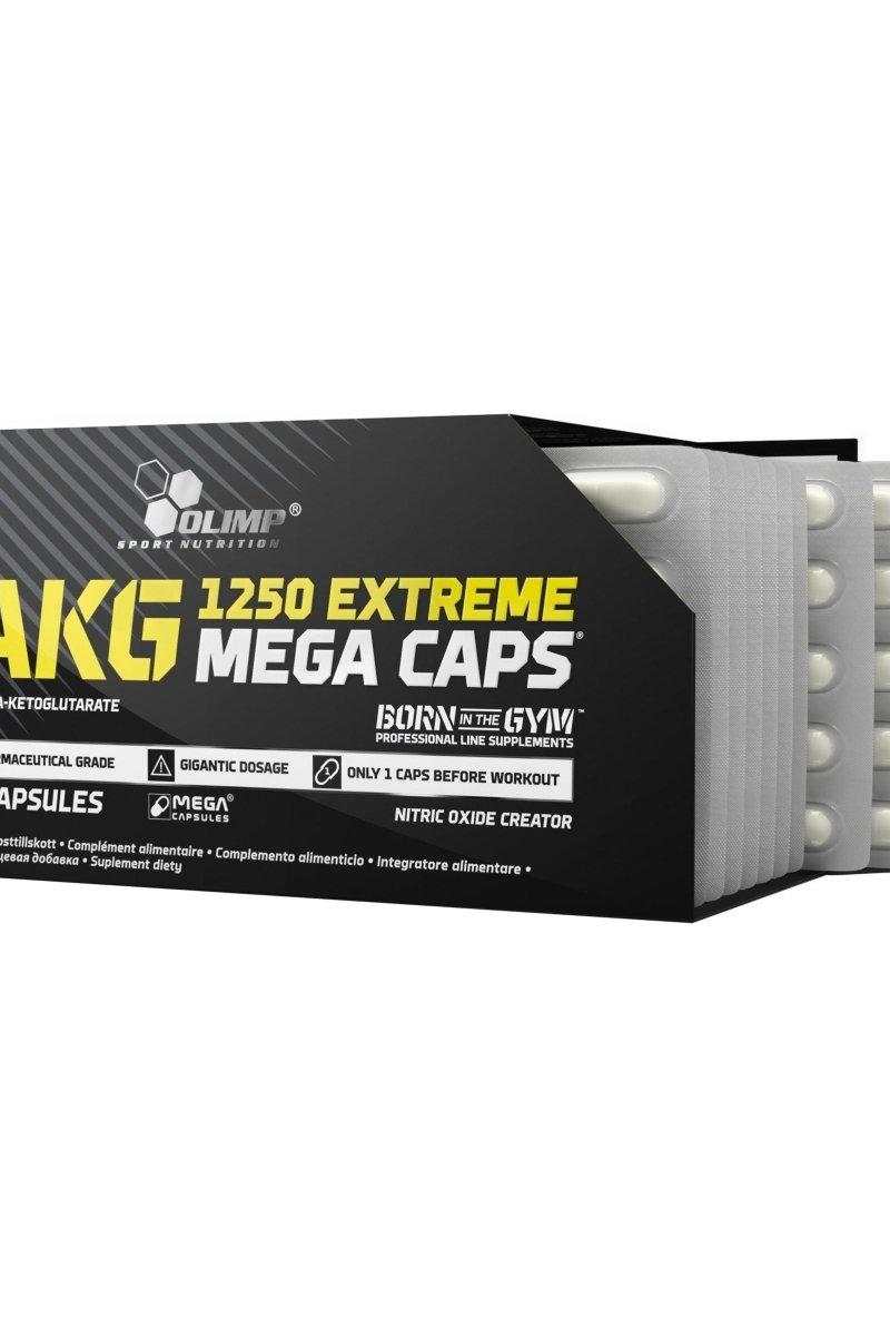 Olimp AAKG Extreme Mega Caps packaging, dietary supplement for improved training performance and muscle recovery.