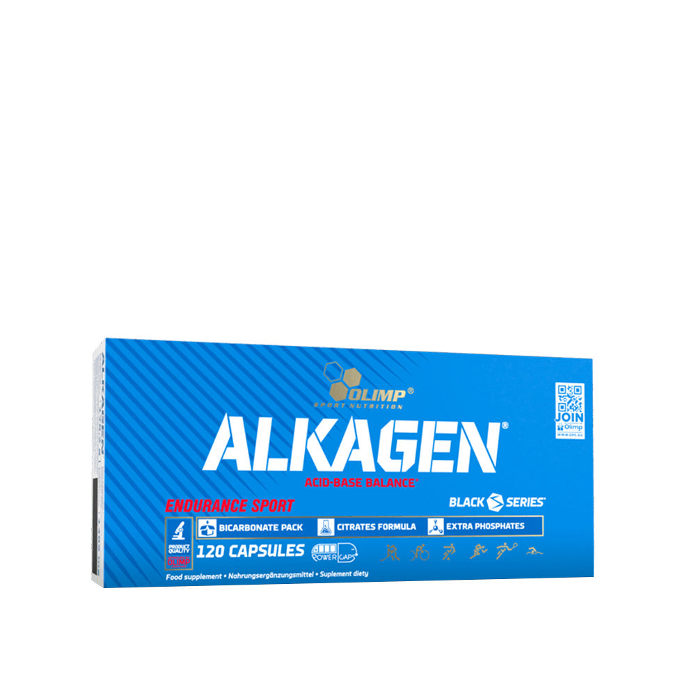 Olimp Alkagen Power Caps box with 120 capsules for acid-base balance and electrolyte support.