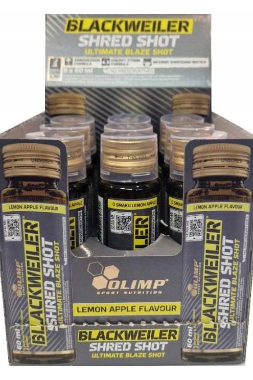 Olimp Blackweiler Shred Shot display with lemon apple flavor, featuring multiple 60 ml energy supplement shots.