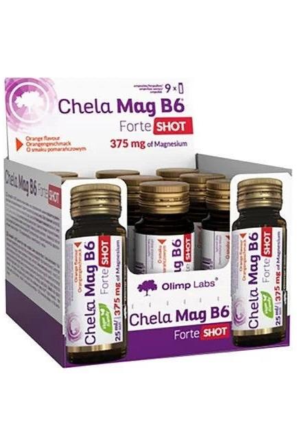 Olimp Chela-Mag B6 Forte Shot with 375 mg magnesium in a box of 9 vials for muscle and nerve support.