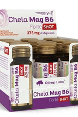 Olimp Chela Mag B6 Forte Shot with 375 mg magnesium, displayed in a pack of ampoules.