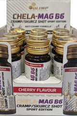 Olimp Chela Mag B6 liquid magnesium supplement in ampoules, cherry flavor, promoting muscle and nerve function.