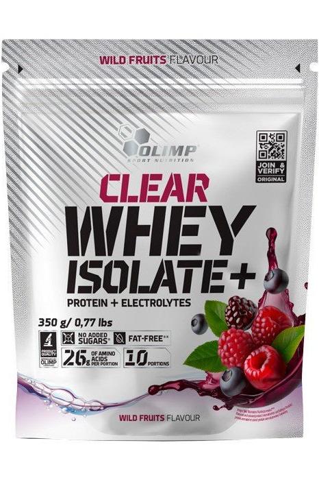 Olimp Clear Whey Isolate+ Wild Fruits flavor protein powder packaging, featuring electrolytes and no added sugars or fat.