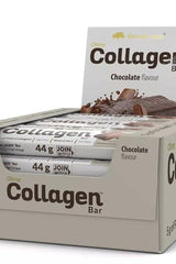 Olimp Collagen Bar in chocolate flavor, displayed in a box containing multiple 44g bars.