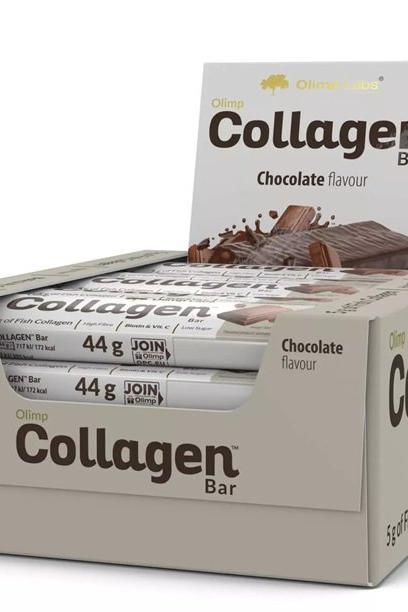 Olimp Collagen Bar box with chocolate flavor, offering low-calorie, high-fiber nutrition.