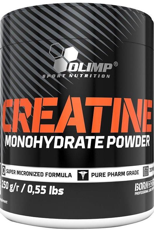 Olimp Creatine Monohydrate Powder container, 250g, featuring super micronized formula for improved performance.