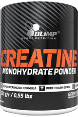 Olimp Creatine Monohydrate Powder container, 250g, featuring super micronized formula for improved performance.