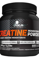 Olimp Creatine Monohydrate Powder jar showcasing its benefits for physical performance and muscle recovery.