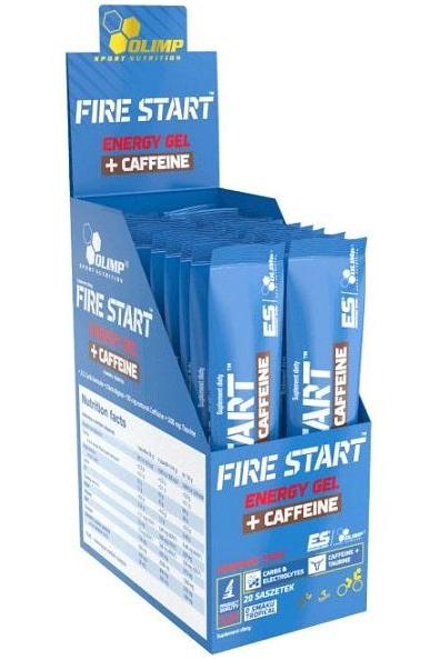 Olimp Fire Start Energy Gel + Caffeine display box with sachets for boosting energy and performance during workouts.