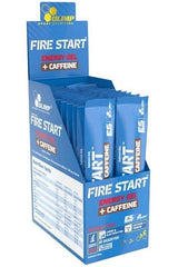 Olimp Fire Start Energy Gel + Caffeine display box with sachets for boosting energy and performance during workouts.