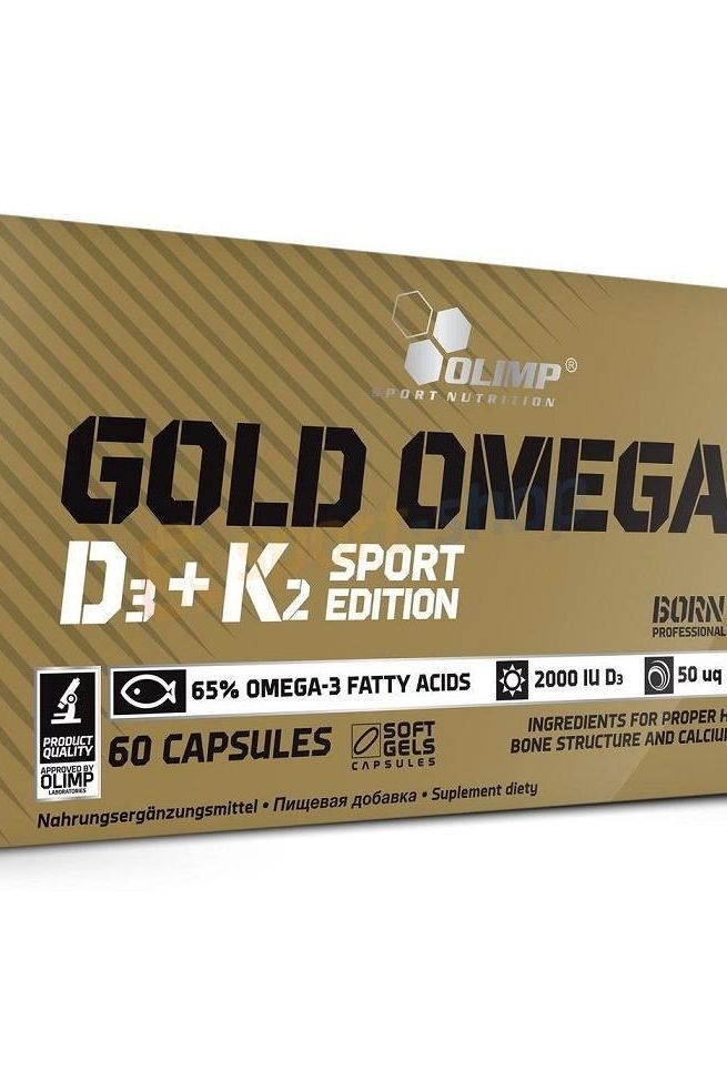 Olimp Gold Omega 3 D3 + K2 Sport Edition supplement box containing 60 capsules for heart health and immunity.