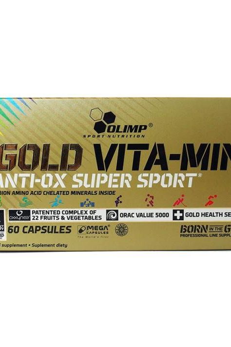 Olimp Gold VITA-MIN anti-OX super sport supplement box featuring 60 capsules and antioxidant formula.