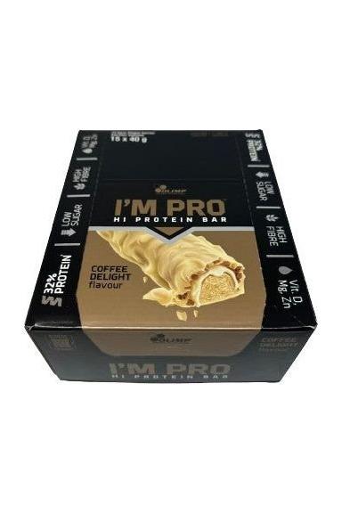 Olimp I'M PRO Protein Bar Coffee Delight flavour box, 15x40g high protein snack with low sugar, no preservatives.