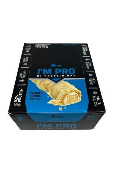 Olimp I'M PRO Protein Bar box featuring yummy cookie flavor, high protein content, and low sugar snack.
