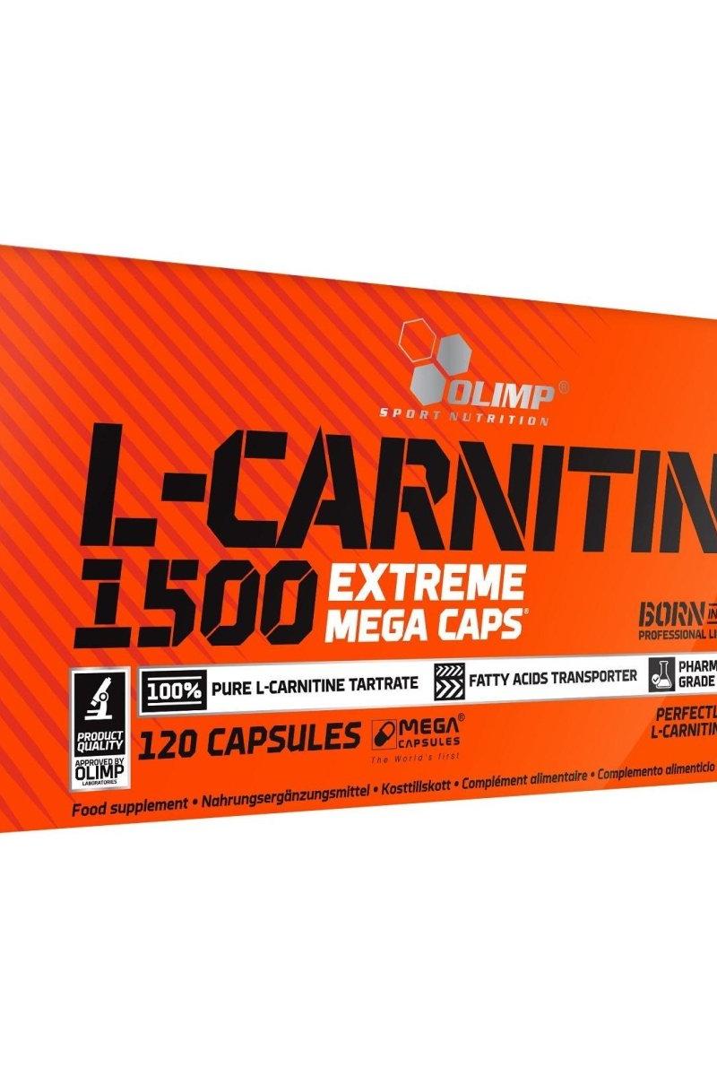 Olimp L-Carnitine 1500 Extreme supplement box with 120 capsules for effective fat reduction and enhanced performance.