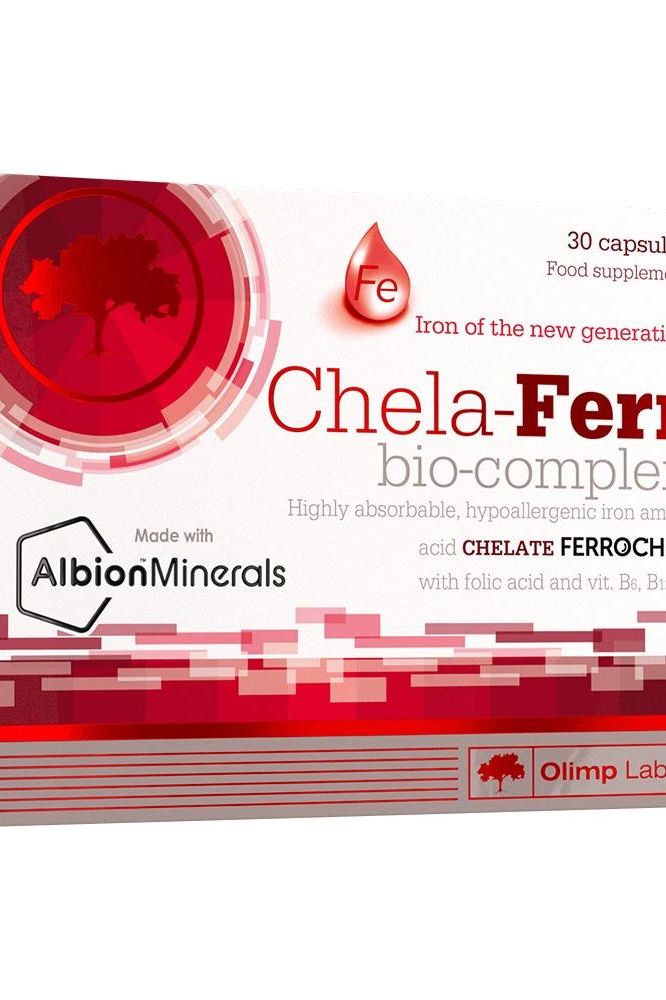 Olimp Labs Chela-Ferr bio-complex packaging with 30 capsules, featuring high bioavailability and hypoallergenic iron.
