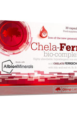 Olimp Labs Chela-Ferr bio-complex packaging with 30 capsules, featuring high bioavailability and hypoallergenic iron.