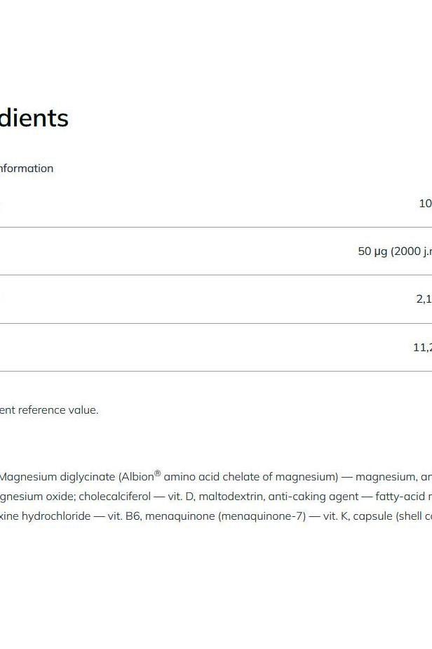 Ingredient list for Olimp Labs Chela-Mag B6+D3 supplement, showing components and nutritional values.