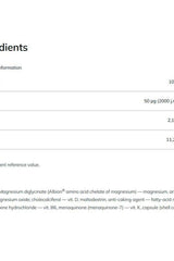 Ingredient list for Olimp Labs Chela-Mag B6+D3 supplement, showing components and nutritional values.