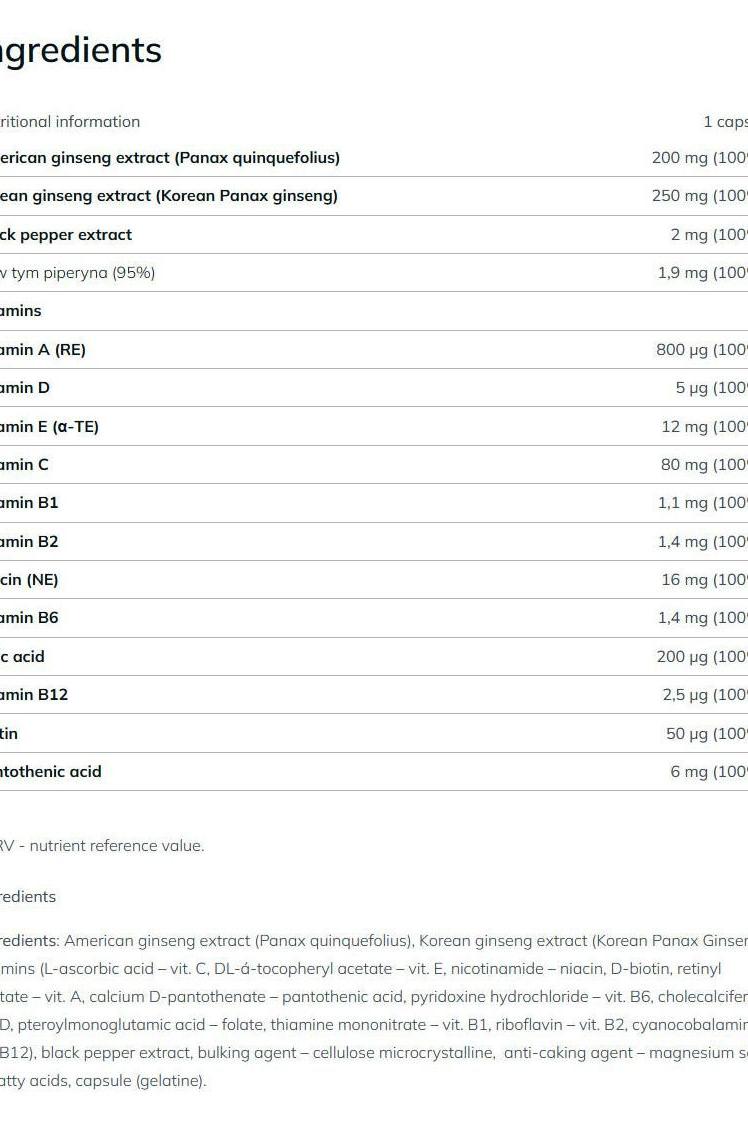 Nutritional information for Olimp Labs Ginseng Vita-complex, detailing ingredients and vitamins.