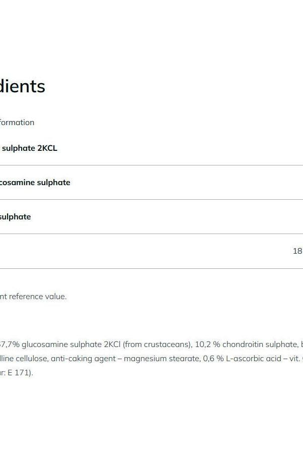 Ingredient list for Olimp Labs Glucosamine Plus capsules showing glucosamine and chondroitin contents.