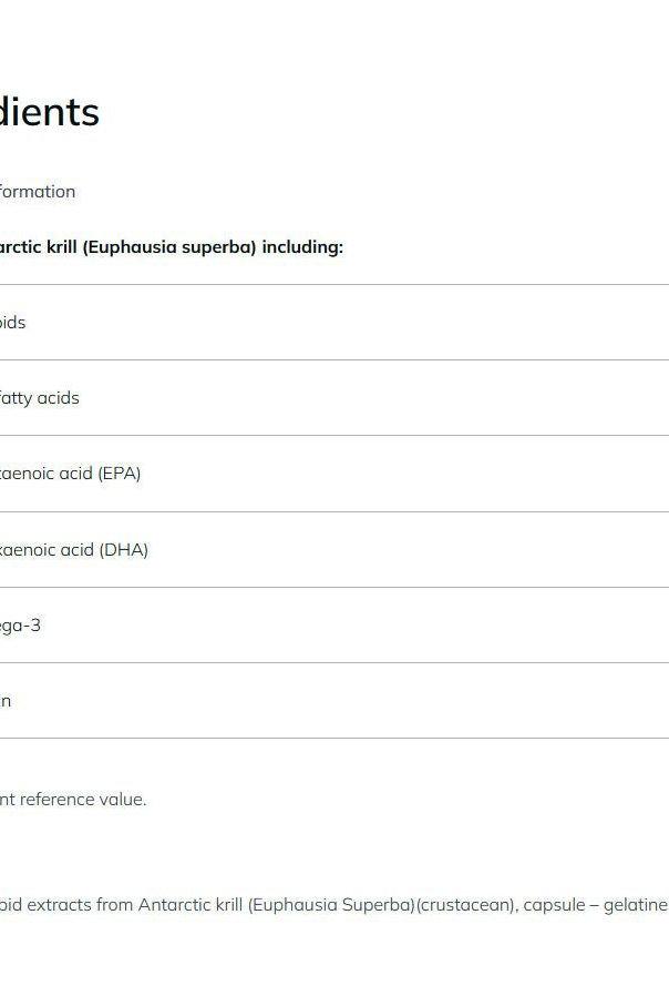 Ingredient list for Olimp Labs Gold Krill capsules, highlighting Omega-3 fatty acids and krill oil benefits.